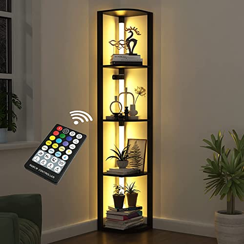 VTRIN Corner Shelf with Light, Modern Home Decor Stand Floor Lamps with Storage Shelves for Collectibles, Sturdy 5-Tier Corner Bookshelf Cabinet Display Shelf for Living Room Bedroom Small Space - Image 1