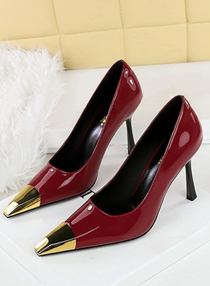 بيج تري المرأة أنيقة معدنية مغلقة أشارت إصبع القدم كعب عالية مضخات الحزب النبيذ الأحمر 9.5CM - Image 1