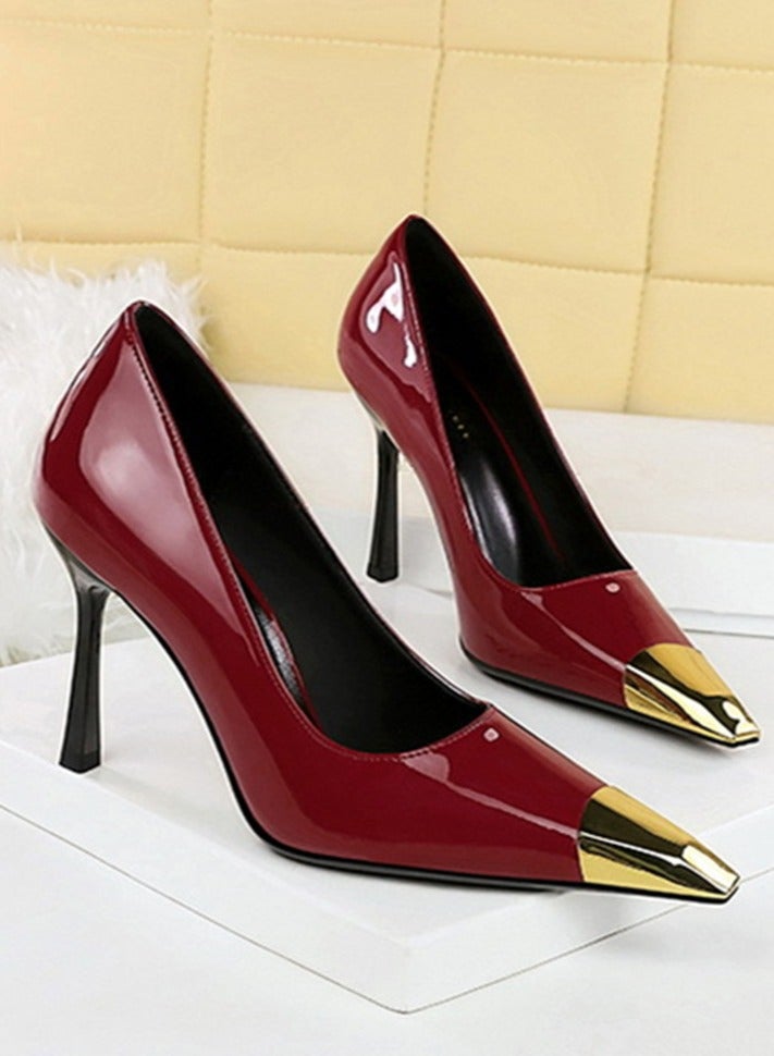 بيج تري المرأة أنيقة معدنية مغلقة أشارت إصبع القدم كعب عالية مضخات الحزب النبيذ الأحمر 9.5CM - Image 2