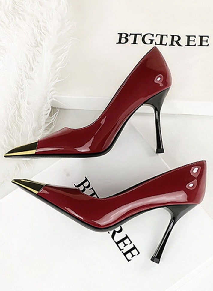 بيج تري المرأة أنيقة معدنية مغلقة أشارت إصبع القدم كعب عالية مضخات الحزب النبيذ الأحمر 9.5CM - Image 3