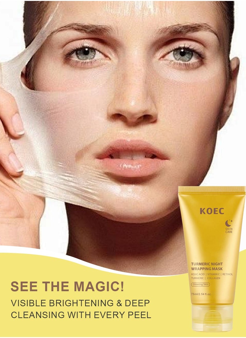 KOEC - Turmeric Overnight Wrapping Peel Off Mask with Applicator ,Nourishes Dull with Hydrolyzed Collagen for Glowing Skin & Improved Elasticity,75ml - Image 1