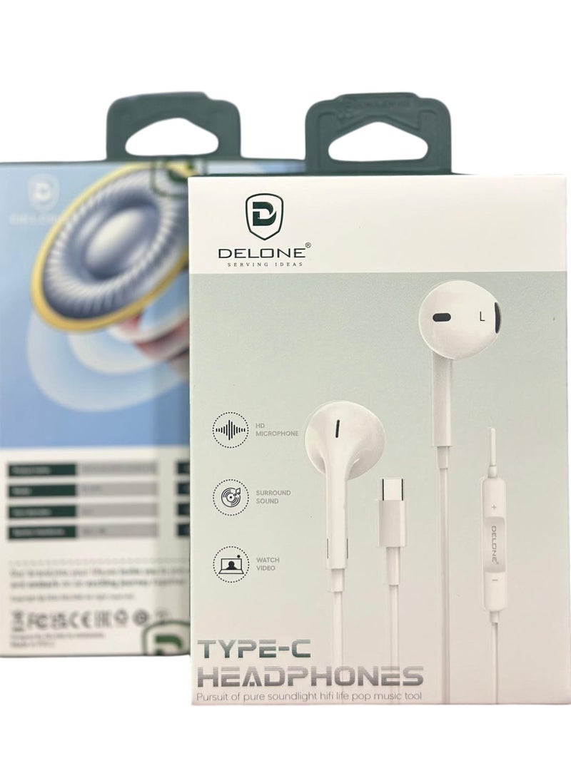 دلوني سماعات رأس سلكية من النوع C - ملاءمة مريحة، صوت عالي الدقة مع ميكروفون مدمج وأدوات تحكم - Image 2