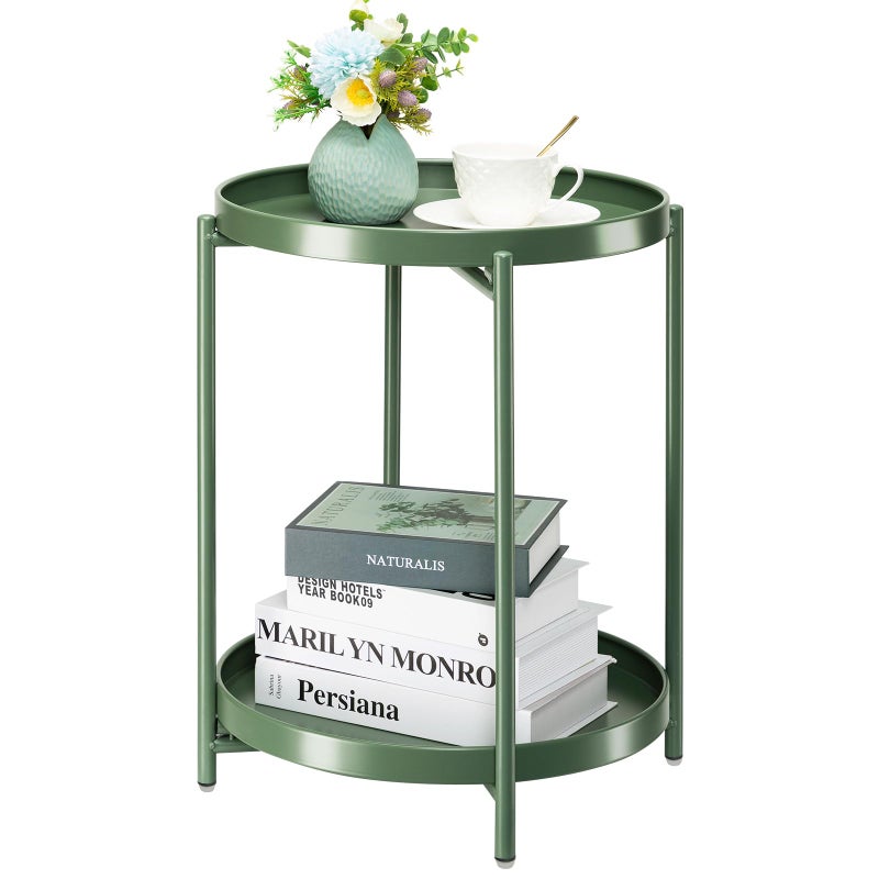 danpinera 2 Tier Metal Side Table with Removable Tray Folding End Table Outdoor Small Accent Table AntiRust Green Nightstand for Bedroom Balcony Patio Set of 2 Dark Green