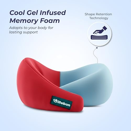 Billebon Gel Infused Memory Foam Neck Pillow, Travel Pillow with Adjustable Velcro Straps, Neck Pillow for Travelling & Flight Travel, Ergonomic Support for Comfort & Pain Relief (Red) - Image 2