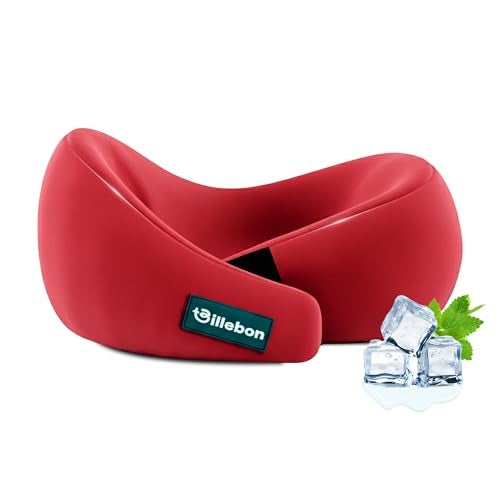 Billebon Gel Infused Memory Foam Neck Pillow, Travel Pillow with Adjustable Velcro Straps, Neck Pillow for Travelling & Flight Travel, Ergonomic Support for Comfort & Pain Relief (Red) - Image 1