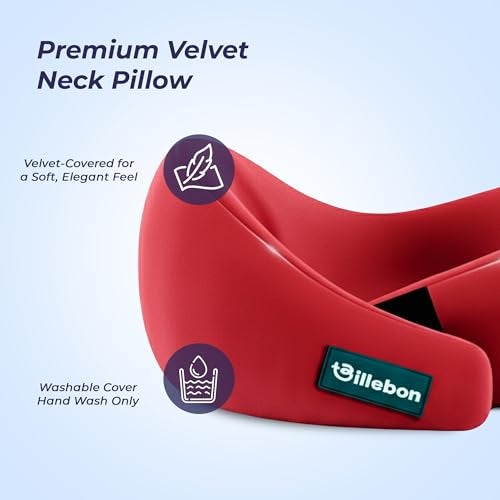 Billebon Gel Infused Memory Foam Neck Pillow, Travel Pillow with Adjustable Velcro Straps, Neck Pillow for Travelling & Flight Travel, Ergonomic Support for Comfort & Pain Relief (Red) - Image 3