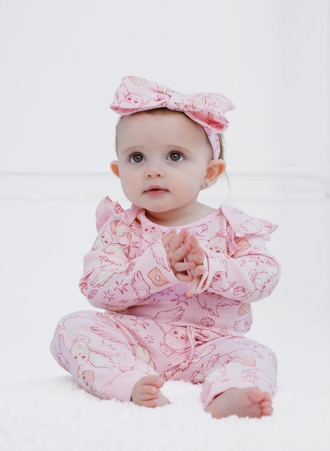 Harry Potter Hedwig Newborn Baby Girls Ribbed Bodysuit, Jogger Pants and Headband 3 Piece Outfit Set Blush Pink 0-3 Months - Image 2