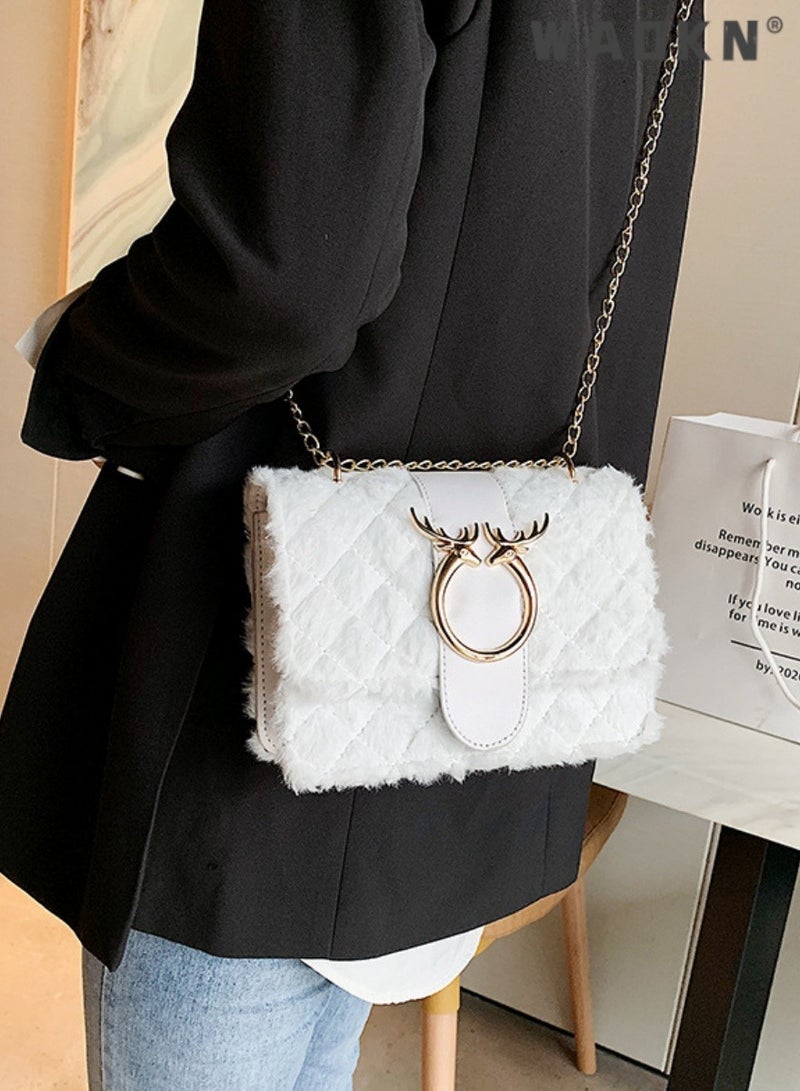 WAOKN Women's New Fashionable Shoulder Bag, Ladiesversatile Chain Bag, Lamb Plush Crossbody Bag Side Bag Sling Bag, Textured Hardware Commuting Carrying Bag Handbag Tote Bag - Image 3