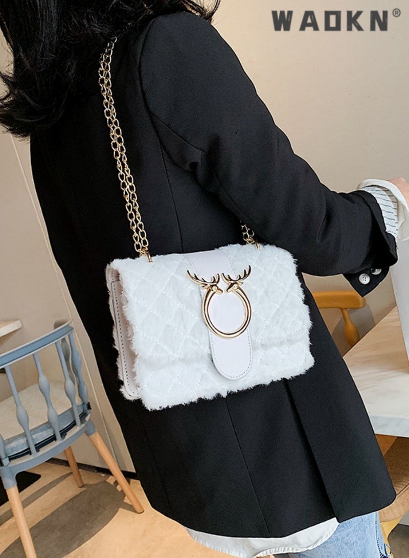WAOKN Women's New Fashionable Shoulder Bag, Ladiesversatile Chain Bag, Lamb Plush Crossbody Bag Side Bag Sling Bag, Textured Hardware Commuting Carrying Bag Handbag Tote Bag - Image 2