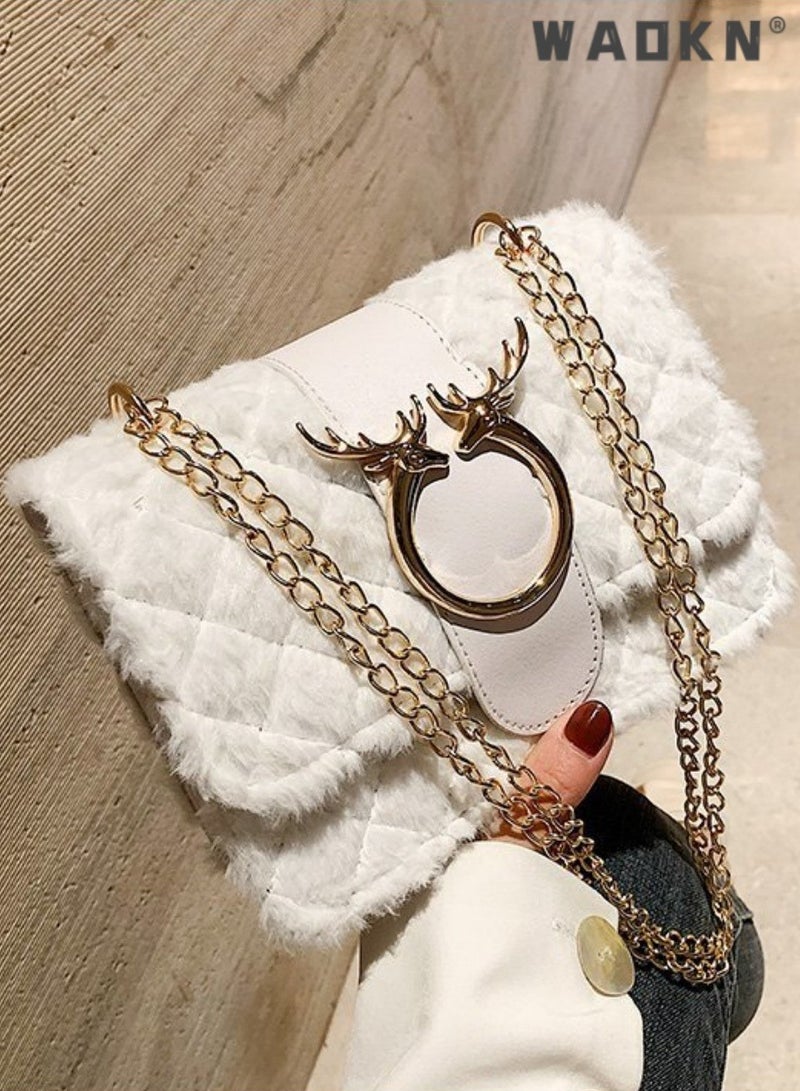 WAOKN Women's New Fashionable Shoulder Bag, Ladiesversatile Chain Bag, Lamb Plush Crossbody Bag Side Bag Sling Bag, Textured Hardware Commuting Carrying Bag Handbag Tote Bag - Image 4