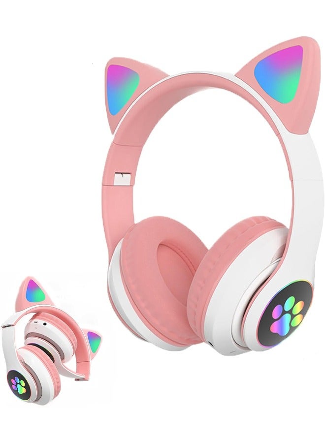 Cat Ear Wired/Wireless Bluetooth Headphones with Microphone for Kids Light Up Bluetooth Foldable Headphones for Fun and Safe Listening Pink - Image 1