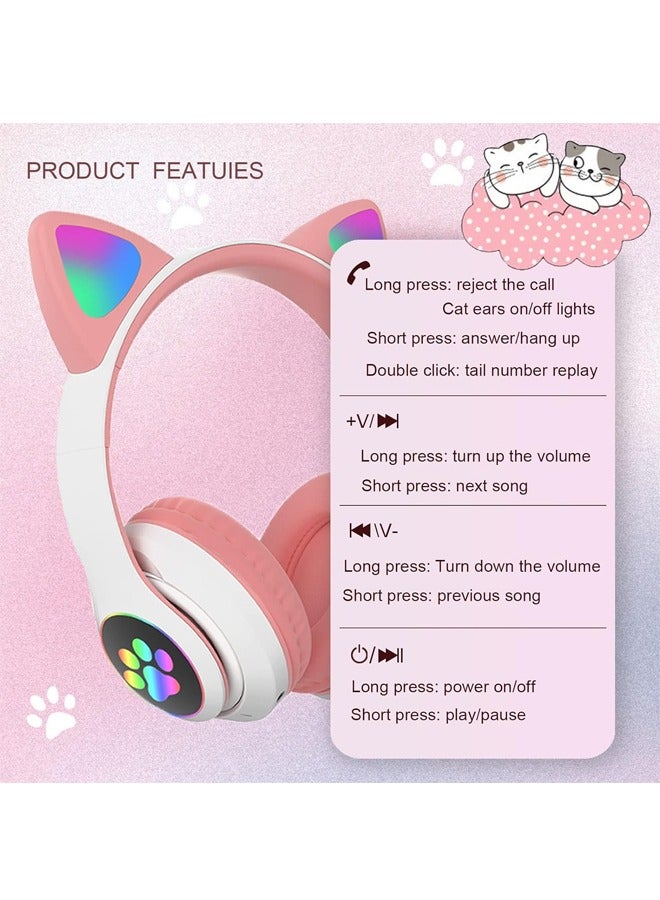 Cat Ear Wired/Wireless Bluetooth Headphones with Microphone for Kids Light Up Bluetooth Foldable Headphones for Fun and Safe Listening Pink - Image 3