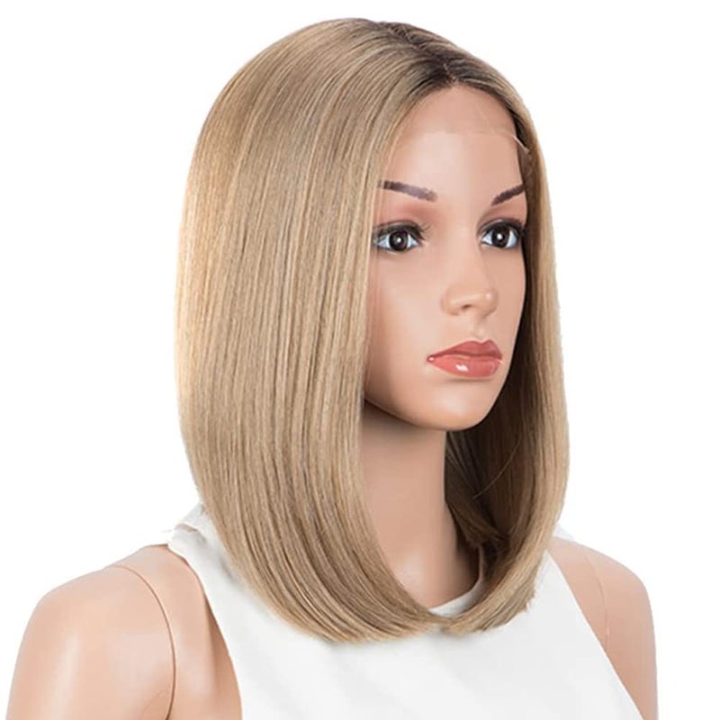 NOBLE Honey Blonde Lace Front Bob Wigs for Women T Part HD Lace Front Wigs with Brown Roots Synthetic Long Bob Wigs for Party and Daily Use (Ombre Brown Blonde with Dark Root Color) - Image 1
