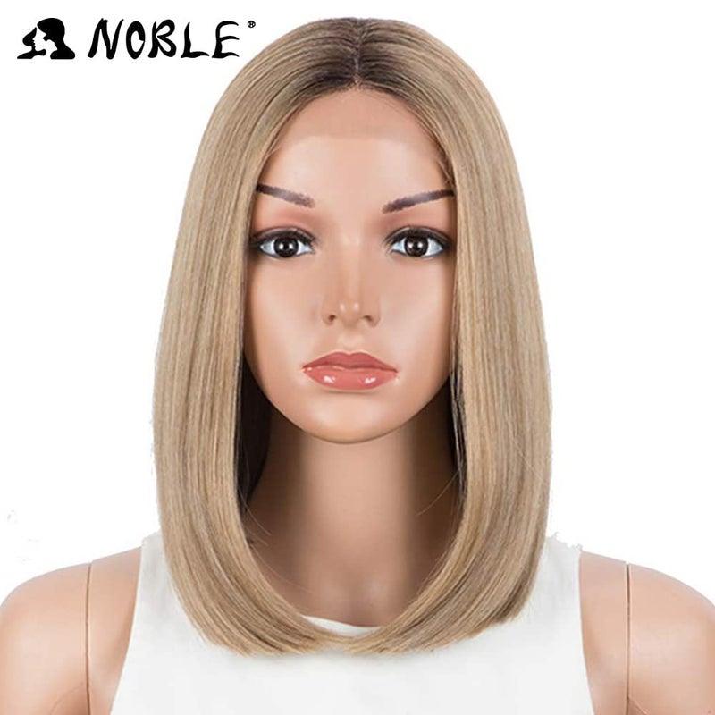 NOBLE Honey Blonde Lace Front Bob Wigs for Women T Part HD Lace Front Wigs with Brown Roots Synthetic Long Bob Wigs for Party and Daily Use (Ombre Brown Blonde with Dark Root Color) - Image 2
