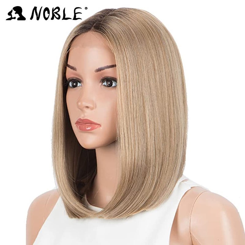 NOBLE Honey Blonde Lace Front Bob Wigs for Women T Part HD Lace Front Wigs with Brown Roots Synthetic Long Bob Wigs for Party and Daily Use (Ombre Brown Blonde with Dark Root Color) - Image 3