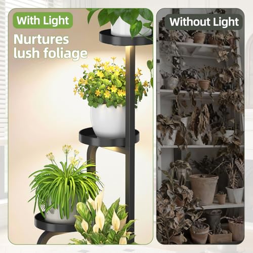 iDavosic.ly Tall Plant Stand Indoor with Grow Light, 4 Tier Corner Multiple Flower Holder Shelf with Metal Trays, Space Saving Display Rack for Living Room Balcony Patio Porch | Black & Brown - Image 5