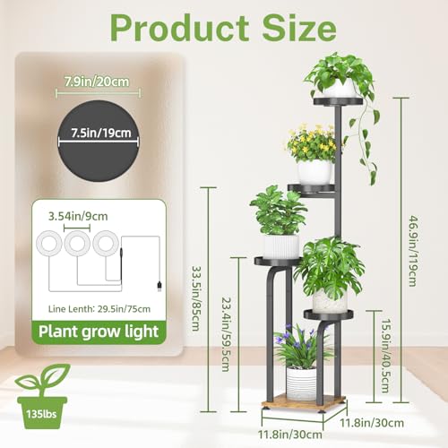 iDavosic.ly Tall Plant Stand Indoor with Grow Light, 4 Tier Corner Multiple Flower Holder Shelf with Metal Trays, Space Saving Display Rack for Living Room Balcony Patio Porch | Black & Brown - Image 2