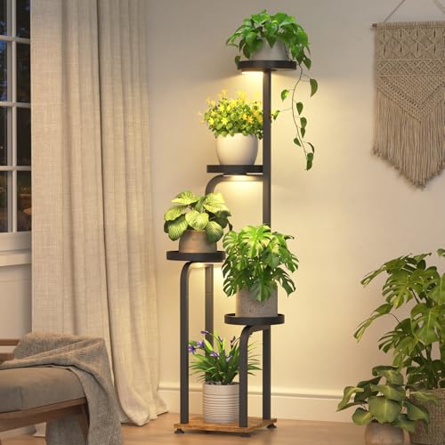 iDavosic.ly Tall Plant Stand Indoor with Grow Light, 4 Tier Corner Multiple Flower Holder Shelf with Metal Trays, Space Saving Display Rack for Living Room Balcony Patio Porch | Black & Brown - Image 1
