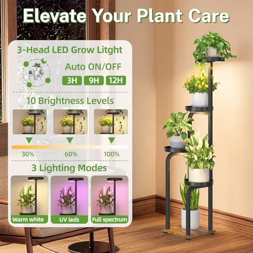 iDavosic.ly Tall Plant Stand Indoor with Grow Light, 4 Tier Corner Multiple Flower Holder Shelf with Metal Trays, Space Saving Display Rack for Living Room Balcony Patio Porch | Black & Brown - Image 3