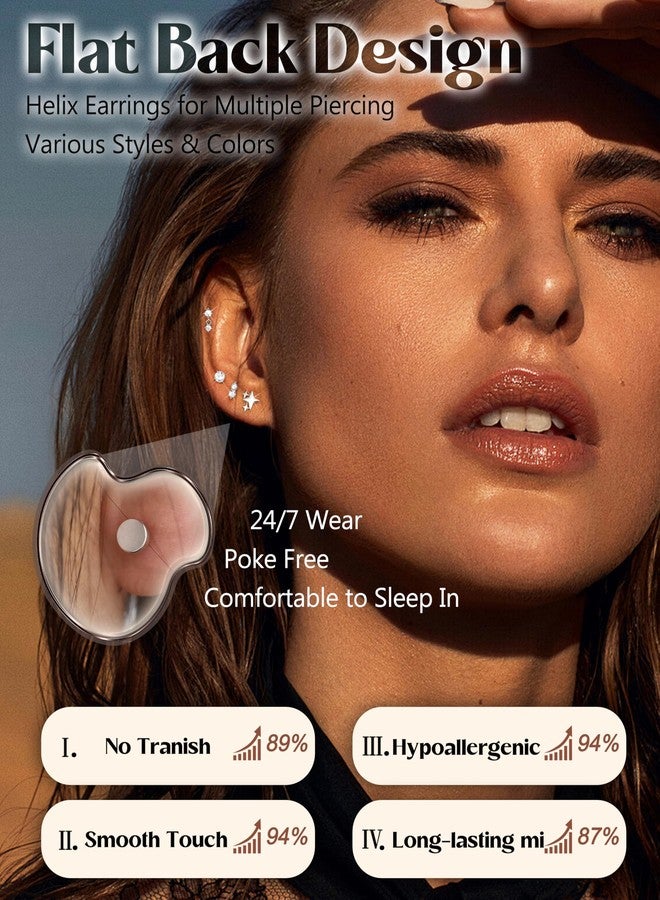 Fansilver 6 Pairs Hypoallergenic Flat Back Earrings 14K Gold Plated Stud Earrings for Women Trendy Small Cartilage Earring Stacks CZ Surgical Steel Earring Set Helix Conch Tragus Piercing Jewelry - Image 2