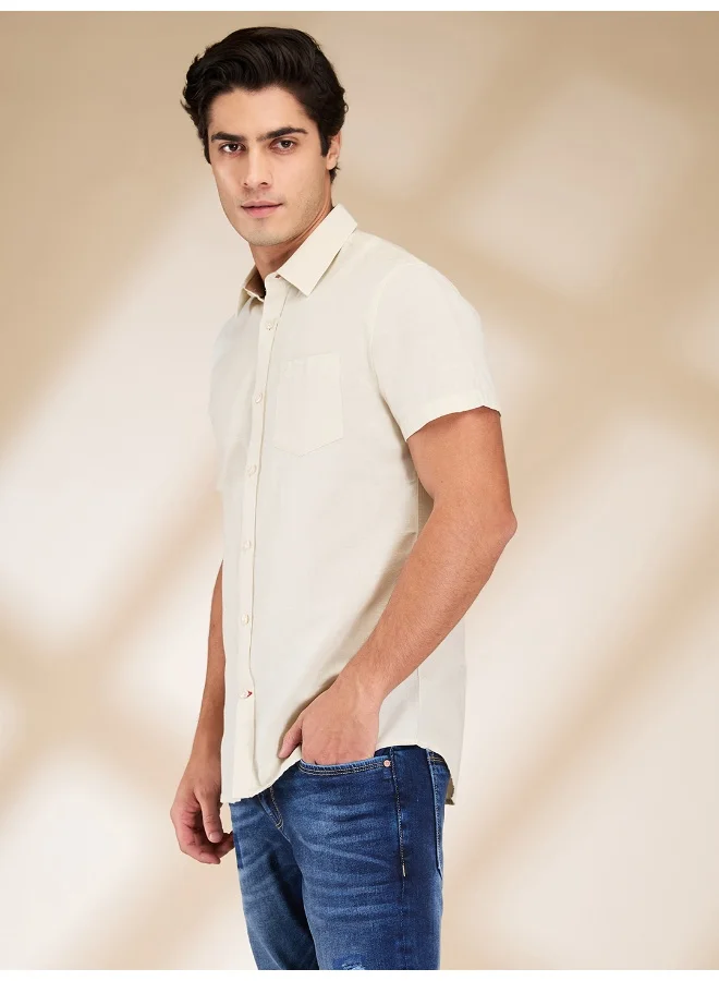بيينغ هيومان Mens Beige Collared Short Sleeve Shirt