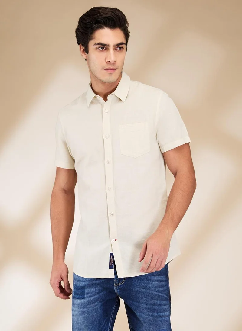 بيينغ هيومان Men Classic Spread Collar Solid Cotton Linen Casual Shirt