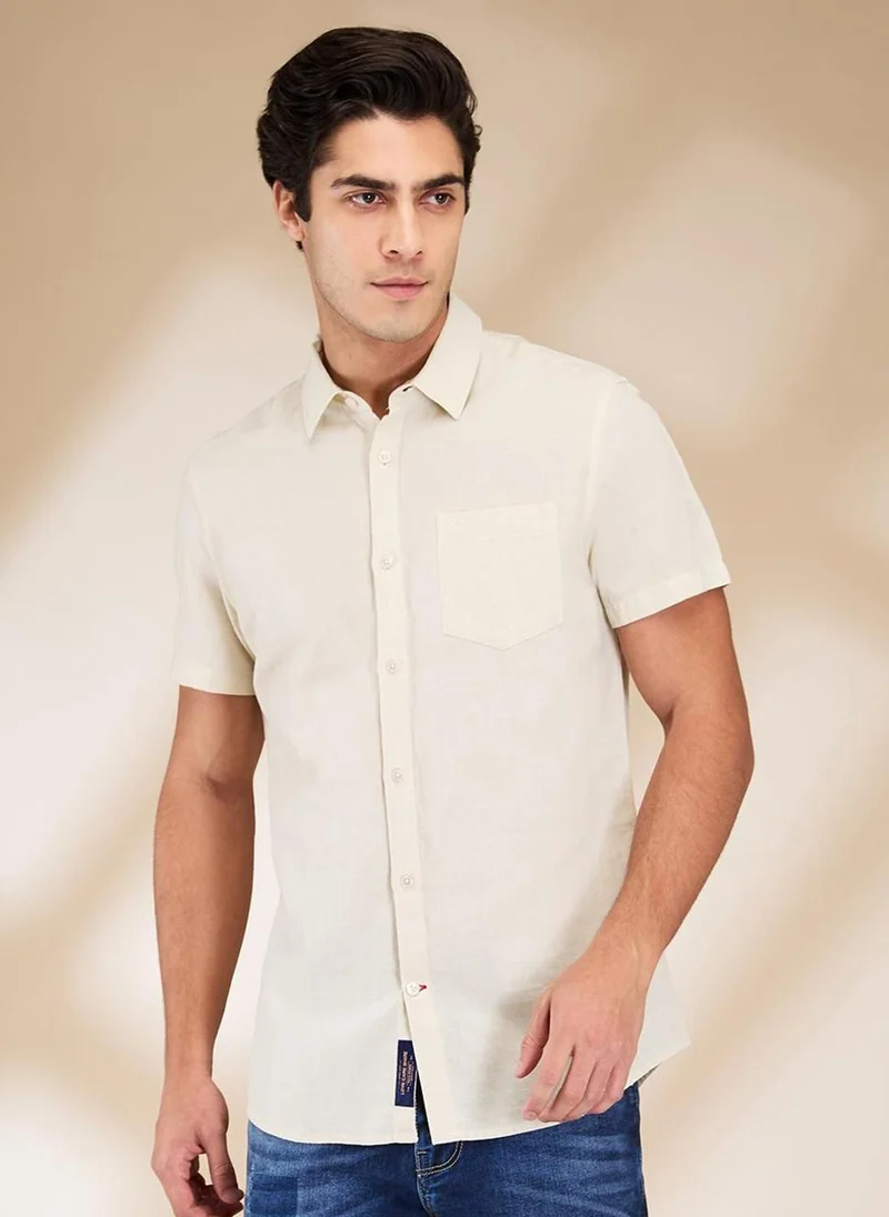 بيينغ هيومان Men Classic Spread Collar Solid Cotton Linen Casual Shirt
