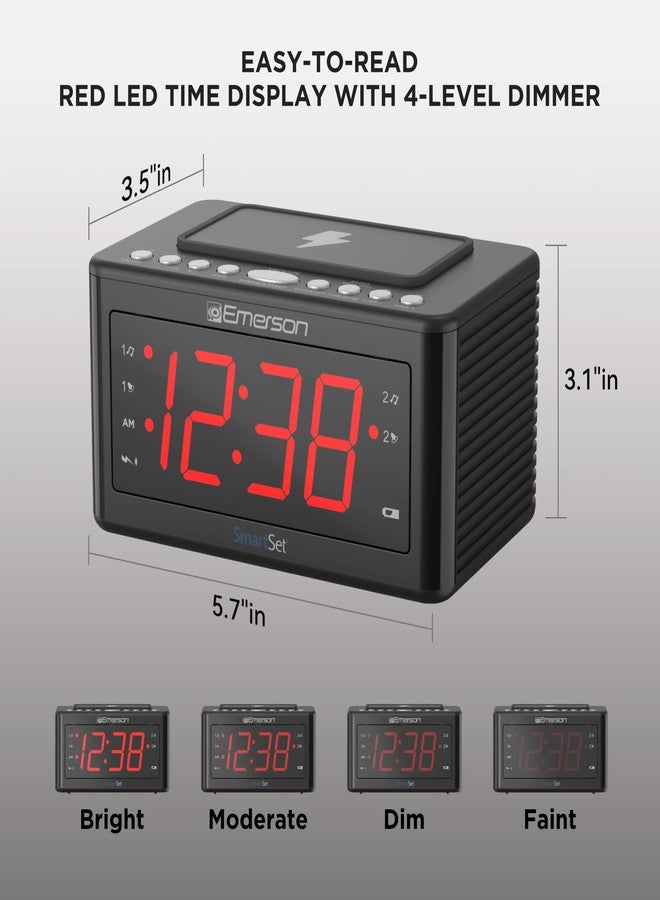 Emerson CKSW0555 Smartset Wireless Charging Alarm Clock Radio Featuring a Large 1.4" Red LED Display and Temperature Sensor, FM Radio, Black - Image 4