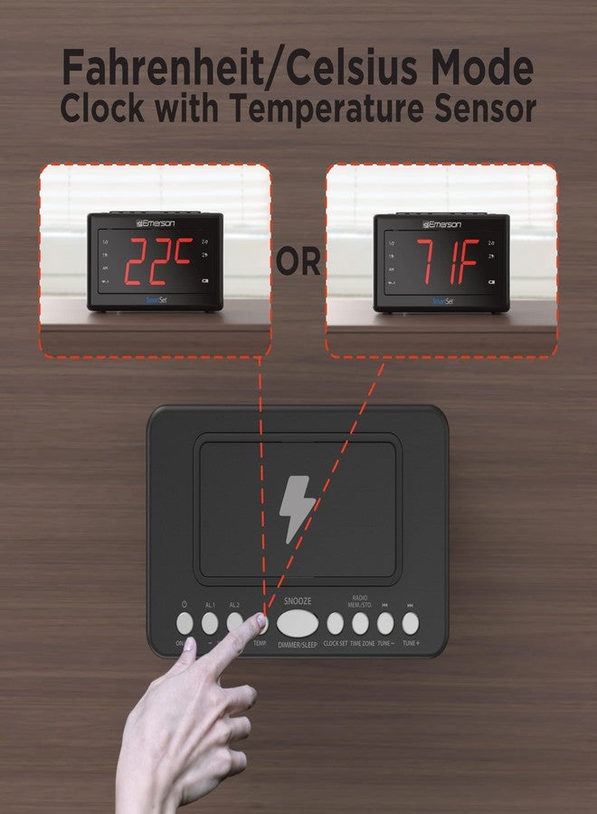Emerson CKSW0555 Smartset Wireless Charging Alarm Clock Radio Featuring a Large 1.4" Red LED Display and Temperature Sensor, FM Radio, Black - Image 5