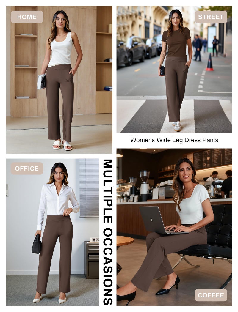 FireSwan Womens Dress Pants Stretchy Wide Leg Work Pants Business Casual Trousers Pull On Office Slacks with 4 Pockets Brown - Image 5