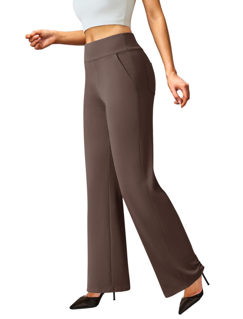 FireSwan Womens Dress Pants Stretchy Wide Leg Work Pants Business Casual Trousers Pull On Office Slacks with 4 Pockets Brown - Image 1
