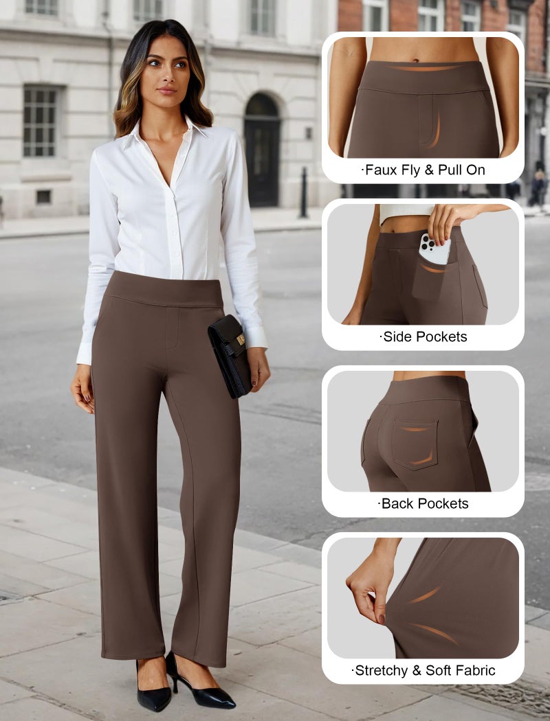 FireSwan Womens Dress Pants Stretchy Wide Leg Work Pants Business Casual Trousers Pull On Office Slacks with 4 Pockets Brown - Image 4