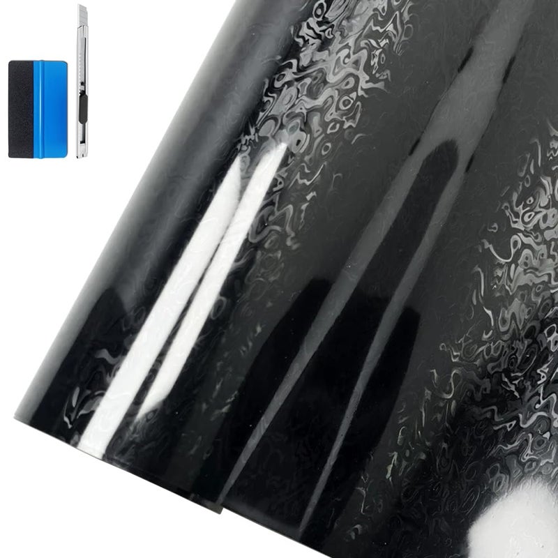 LZLRUN Cosmic Ghost Dynamic Hydrographic Car Vinyl Wrap Film, Forged Carbon Fiber DIY Body Color Change Decal Sticker (High Gloss Black, 1ft x 5ft) - Image 1