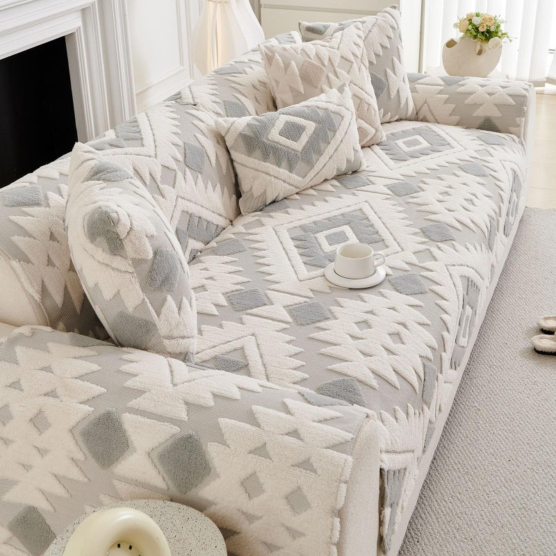XSlive Boho Plush Couch Covers for Sofa Washable, Fuzzy Soft Couch Cover for Sectional Sofa, Non Slip Jacquard Sofa Cover Furniture Protector for Kids, Pets (Light Grey,28"x28") - Image 5