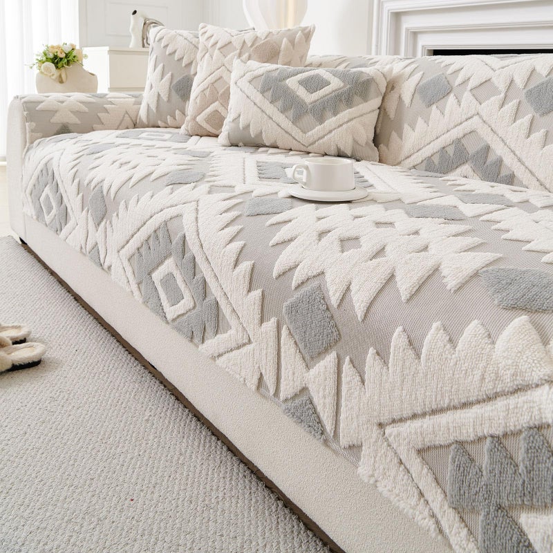 XSlive Boho Plush Couch Covers for Sofa Washable, Fuzzy Soft Couch Cover for Sectional Sofa, Non Slip Jacquard Sofa Cover Furniture Protector for Kids, Pets (Light Grey,28"x28") - Image 1