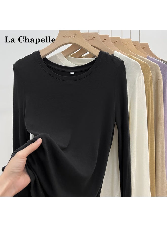 La Chapelle Soft Texture Mask Long Sleeve T-shirt Women Autumn Winter  New Solid Color Loose Fit Base Layer Top Mocha L - Image 3