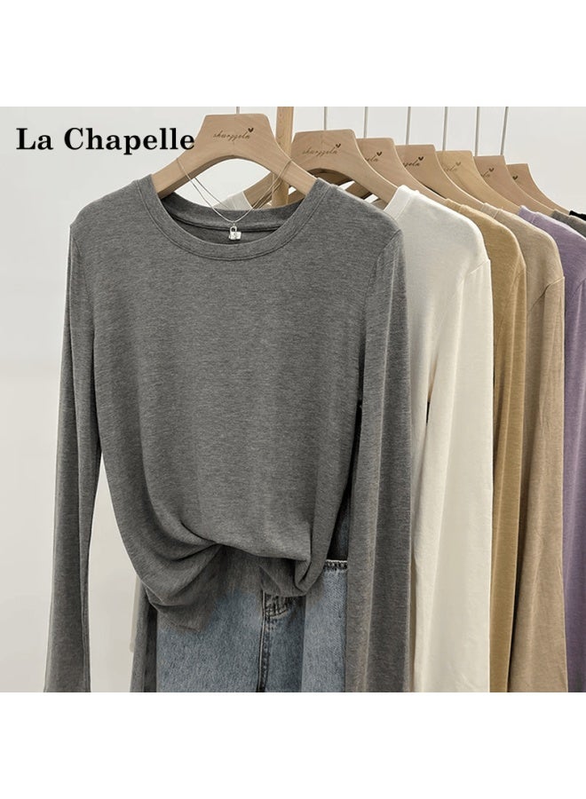 La Chapelle Soft Texture Mask Long Sleeve T-shirt Women Autumn Winter  New Solid Color Loose Fit Base Layer Top Mocha L - Image 2