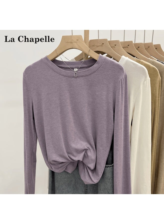 La Chapelle Soft Texture Mask Long Sleeve T-shirt Women Autumn Winter  New Solid Color Loose Fit Base Layer Top Mocha L - Image 1