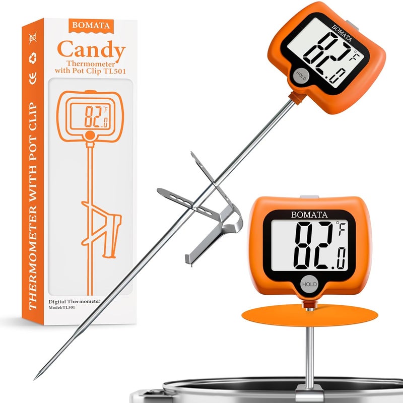 BOMATA Digital Candy Thermometer with Pot Clip, Deep Fry Oil Thermometer with Rotatable Display & Long Probe, for Candy Candle Making, Cooking, Food, Liquids, Water, Sugar.. Orange - Image 1