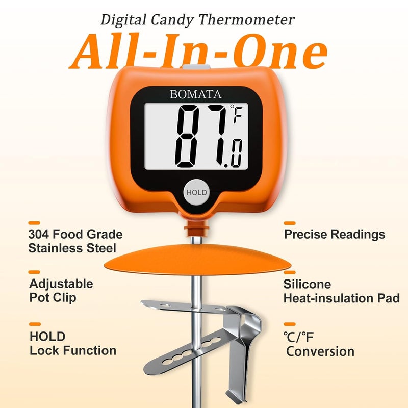 BOMATA Digital Candy Thermometer with Pot Clip, Deep Fry Oil Thermometer with Rotatable Display & Long Probe, for Candy Candle Making, Cooking, Food, Liquids, Water, Sugar.. Orange - Image 5
