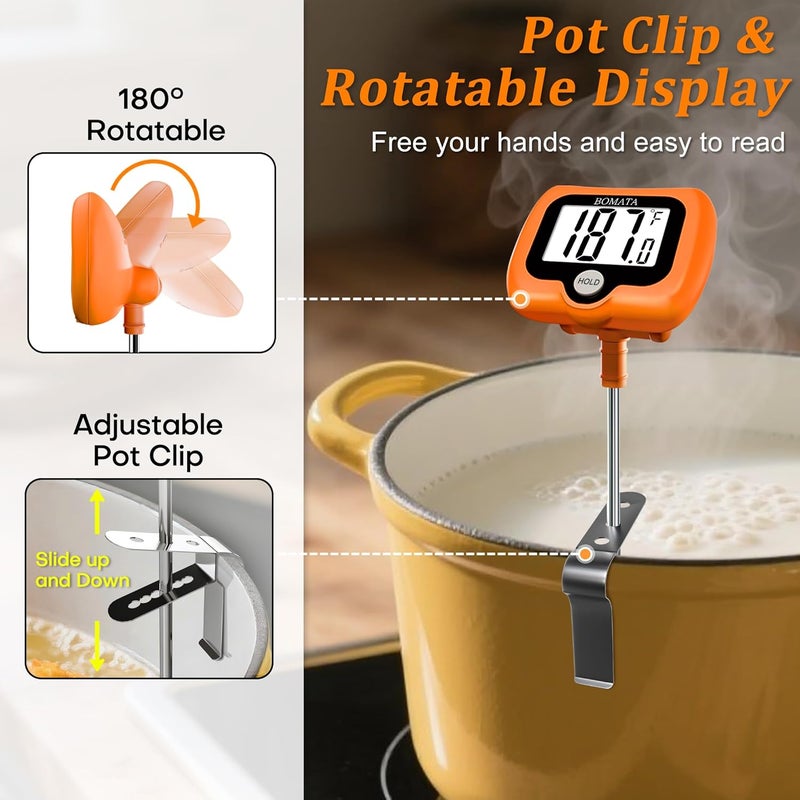 BOMATA Digital Candy Thermometer with Pot Clip, Deep Fry Oil Thermometer with Rotatable Display & Long Probe, for Candy Candle Making, Cooking, Food, Liquids, Water, Sugar.. Orange - Image 2