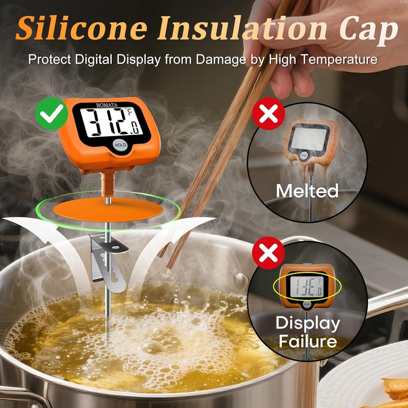 BOMATA Digital Candy Thermometer with Pot Clip, Deep Fry Oil Thermometer with Rotatable Display & Long Probe, for Candy Candle Making, Cooking, Food, Liquids, Water, Sugar.. Orange - Image 3