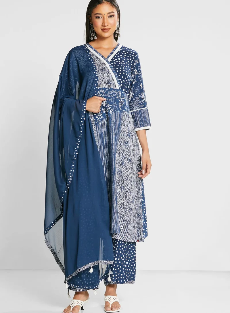 Biba Printed V-Neck Kurti & Dupatta Set