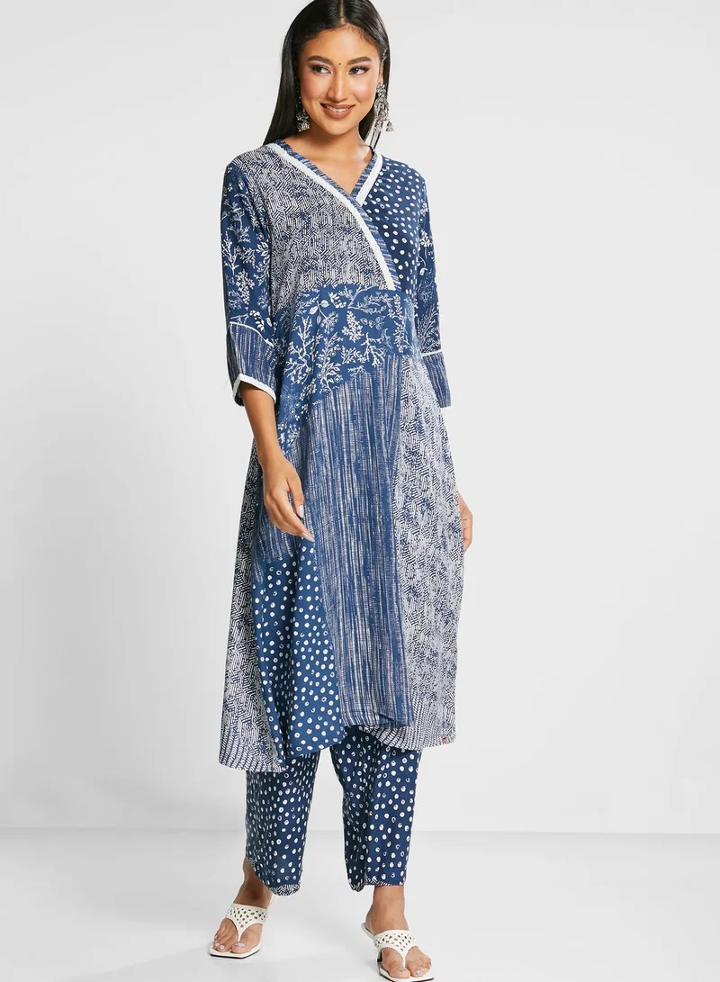 Biba Printed V-Neck Kurti & Dupatta Set