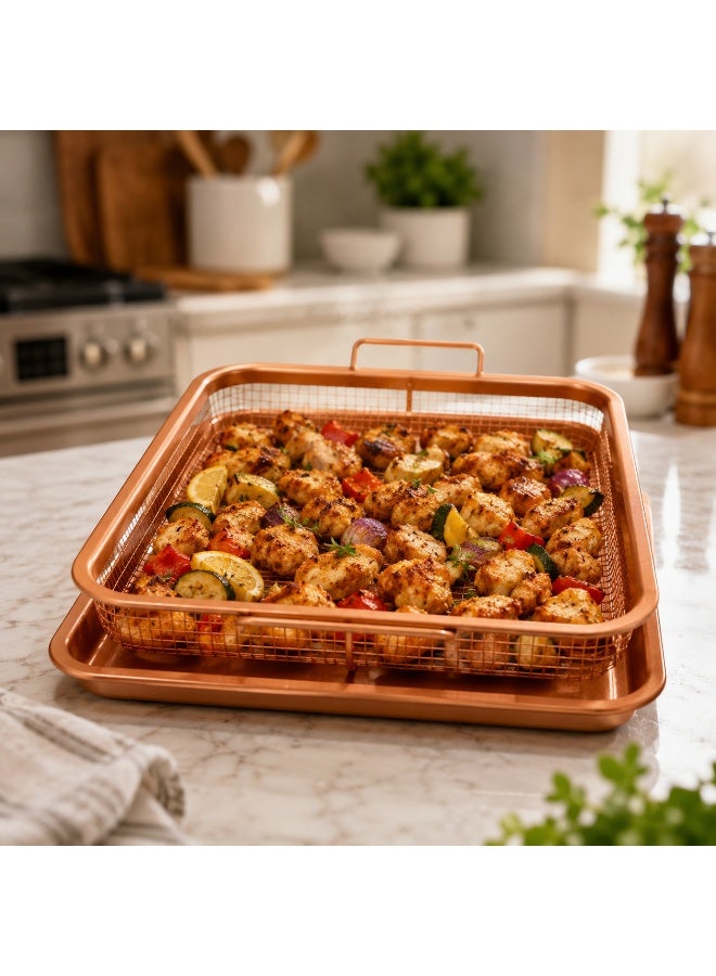 vsell24 Copper Rectangle Crispy Tray with Wire Mesh Serving Basket for French Fries, Gold, 1 PC - Image 4