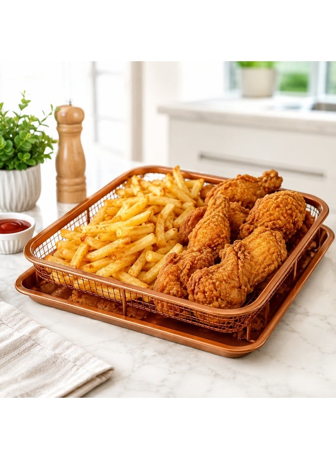 vsell24 Copper Rectangle Crispy Tray with Wire Mesh Serving Basket for French Fries, Gold, 1 PC - Image 2