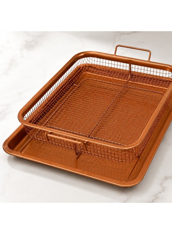 vsell24 Copper Rectangle Crispy Tray with Wire Mesh Serving Basket for French Fries, Gold, 1 PC - Image 1