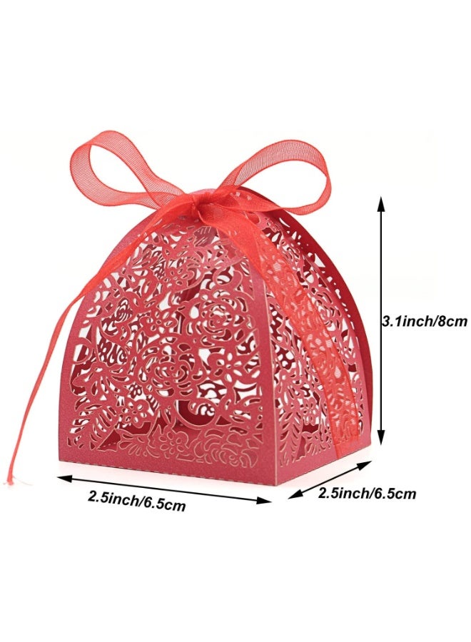 JZS Laser Cut Rose Candy Boxes Wedding Anniversary Box for Party Favor Bridal Shower Decorative Boxes Beige Gift Wrap Boxes with Ribbons for Birthday Party Laser Cut Favor Boxes Golden 50PCS (Red) - Image 2