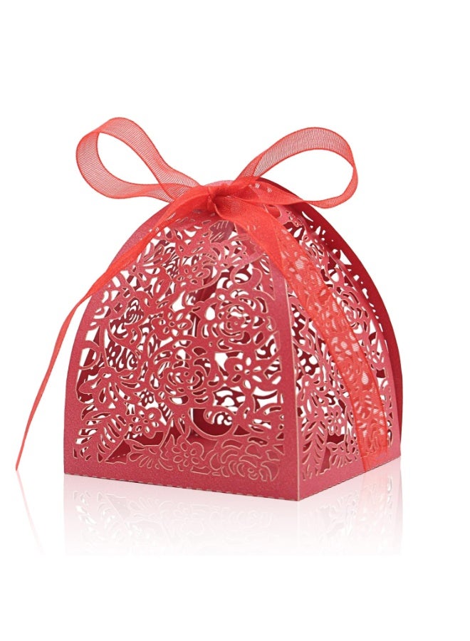 JZS Laser Cut Rose Candy Boxes Wedding Anniversary Box for Party Favor Bridal Shower Decorative Boxes Beige Gift Wrap Boxes with Ribbons for Birthday Party Laser Cut Favor Boxes Golden 50PCS (Red) - Image 1