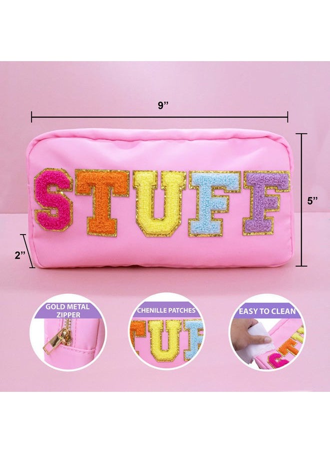 Fablinks - Preppy Stuff Bag, Chenille Varsity Letter Makeup Pouch, Pink Nylon Skin Care Zipper Patch Bags Organizer for Women, Travel Make Up Skincare Cosmetic Stocking Stuffers - Image 1